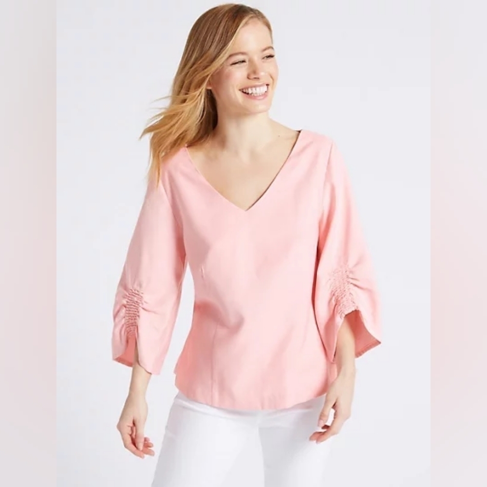 NWOT M&S COLLECTION Ruched Sleeve V-Neck Blouse